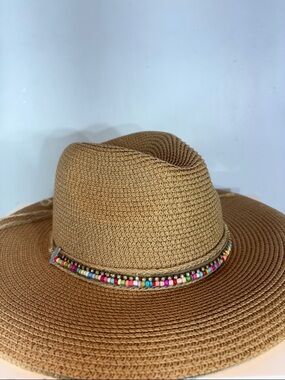 Norla Canada Straw  Hat Wide Brim Beaded Rhinestone Band Boho Summer Beach Tan